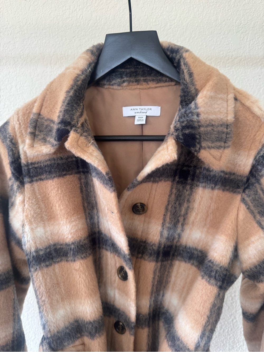 Ann Taylor Plaid Teddy Coat in Camel and Black